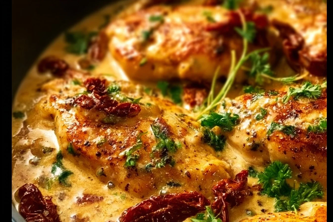 Crock Pot Marry Me Chicken dish garnished with herbs and served with pasta.