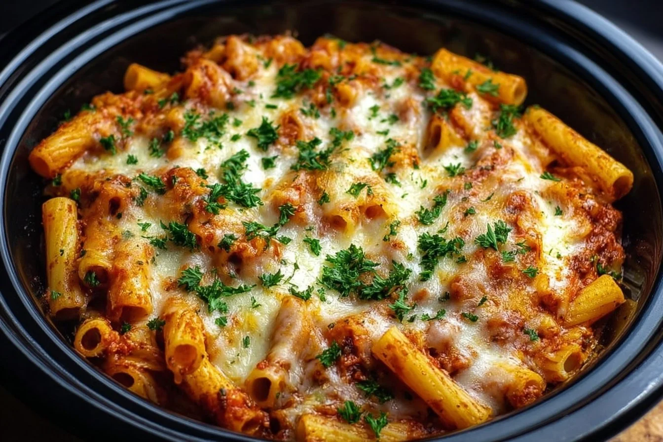 Crockpot baked ziti with cheese and pasta in a serving dish