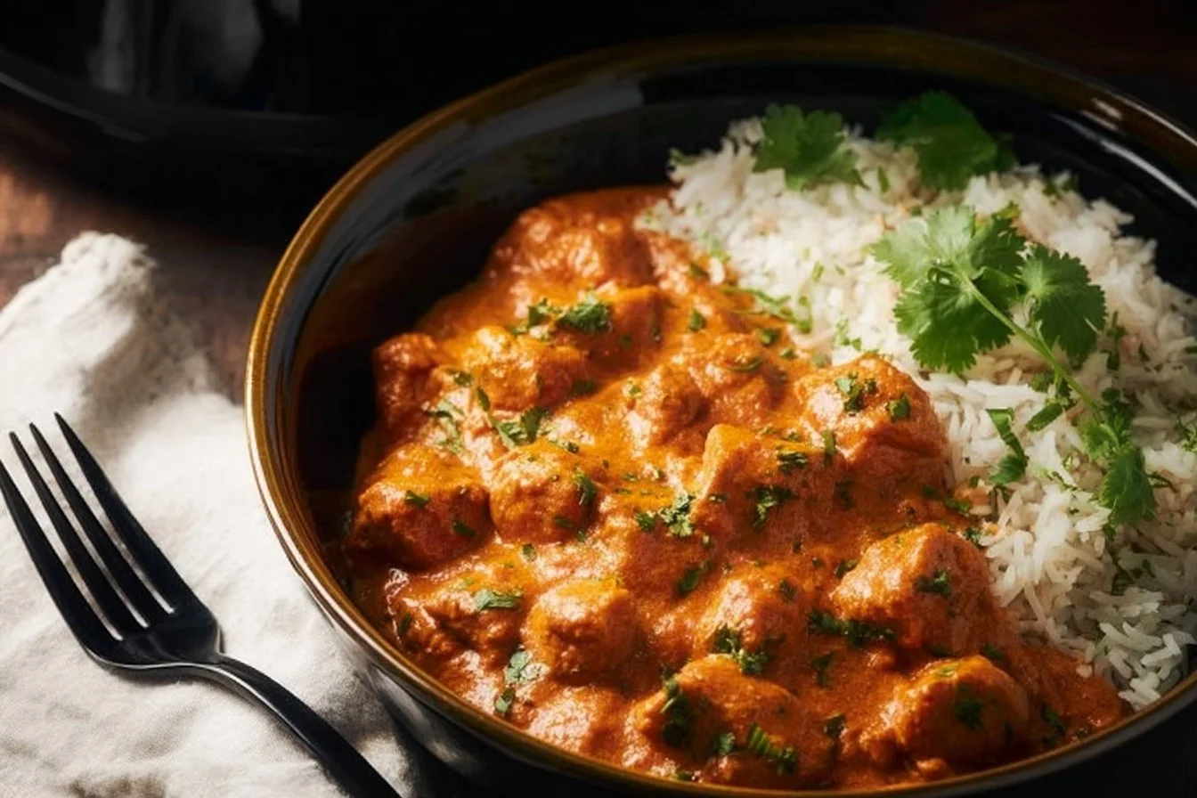 Crockpot Butter Chicken served with rice and garnished with cilantro