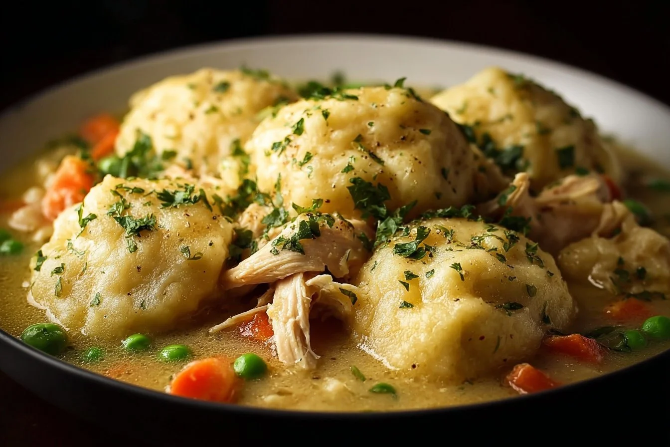A bowl of delicious Crockpot Chicken and Dumplings with fresh herbs