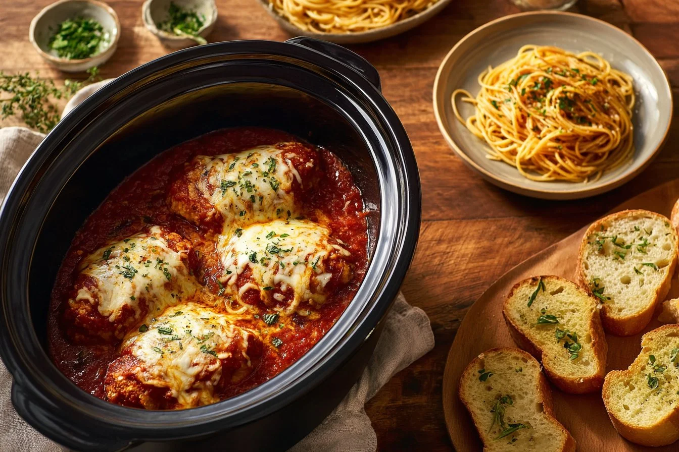 Crockpot Chicken Parmesan served with pasta and garnished with parsley.