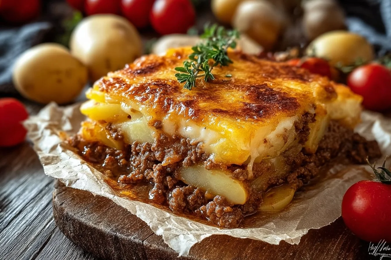 Delicious Hamburger Potato Casserole topped with melted cheese and fresh herbs