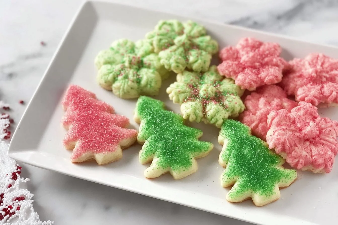 Easy Christmas spritz cookies decorated for holiday celebrations.