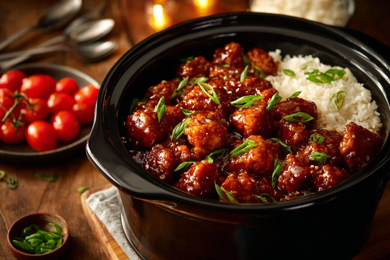 Delicious Easy Crockpot General Tso's Chicken served with rice