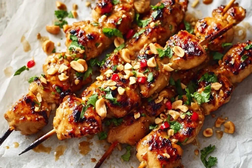 Easy grilled chicken skewers with honey garlic sauce on a barbecue grill