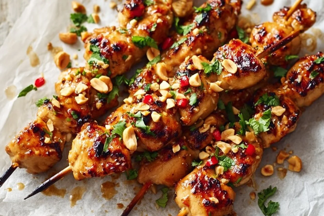 Easy grilled chicken skewers with honey garlic sauce on a barbecue grill