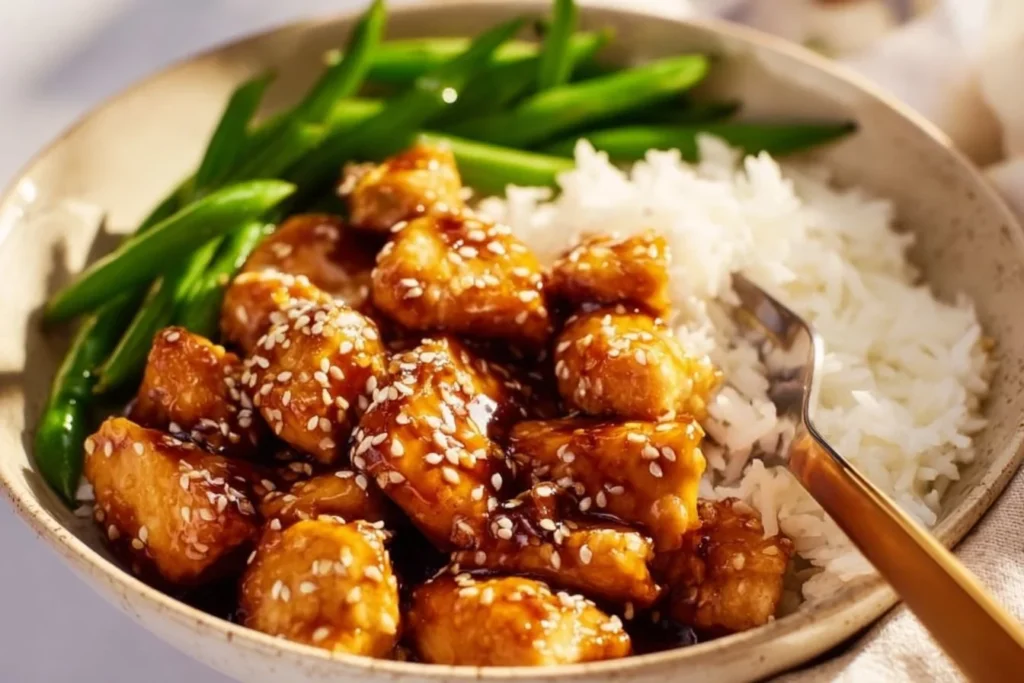 Healthy sesame chicken served with vegetables and rice on a plate
