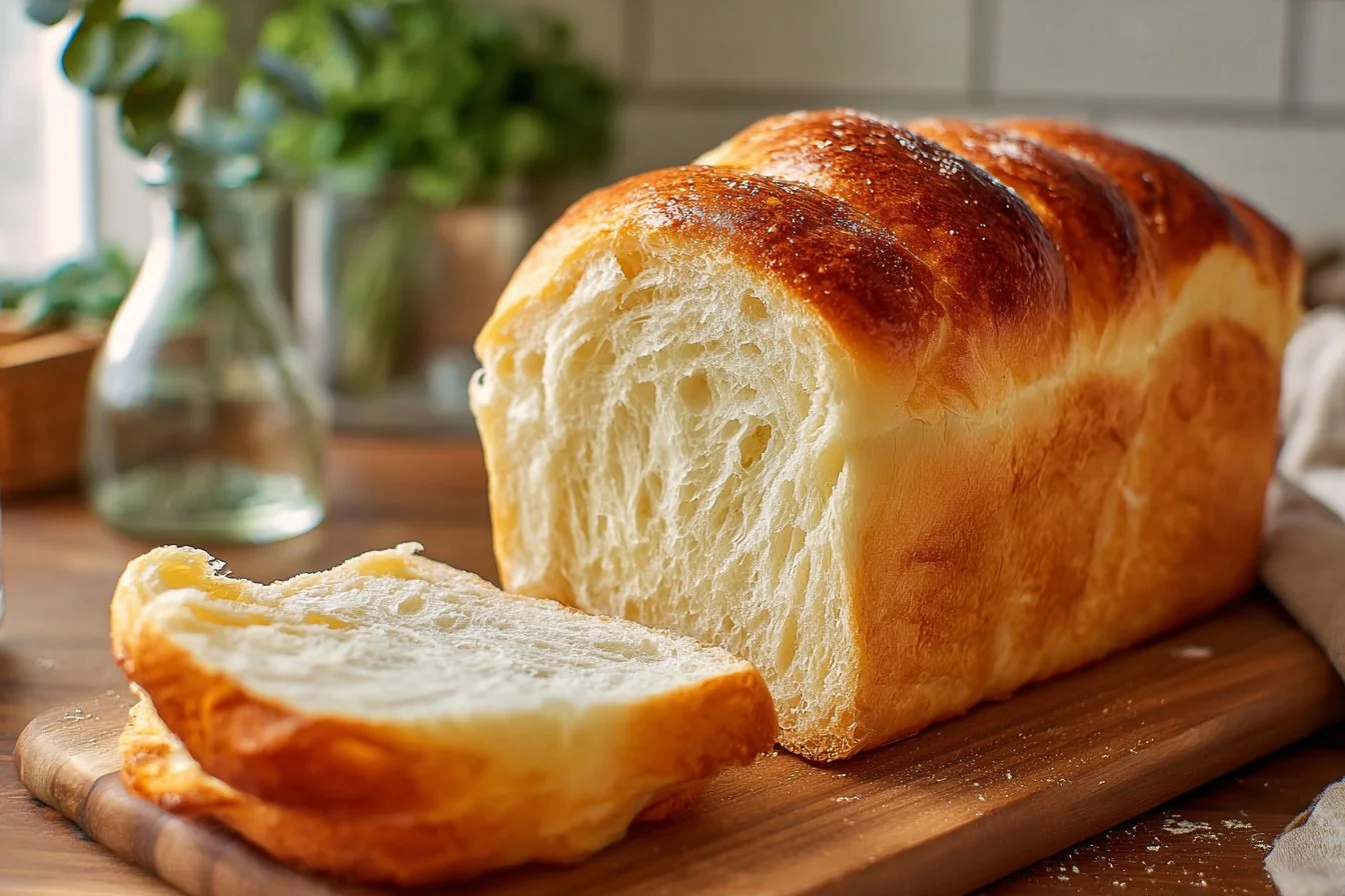 Loaf of easy homemade white bread on a wooden cutting board.