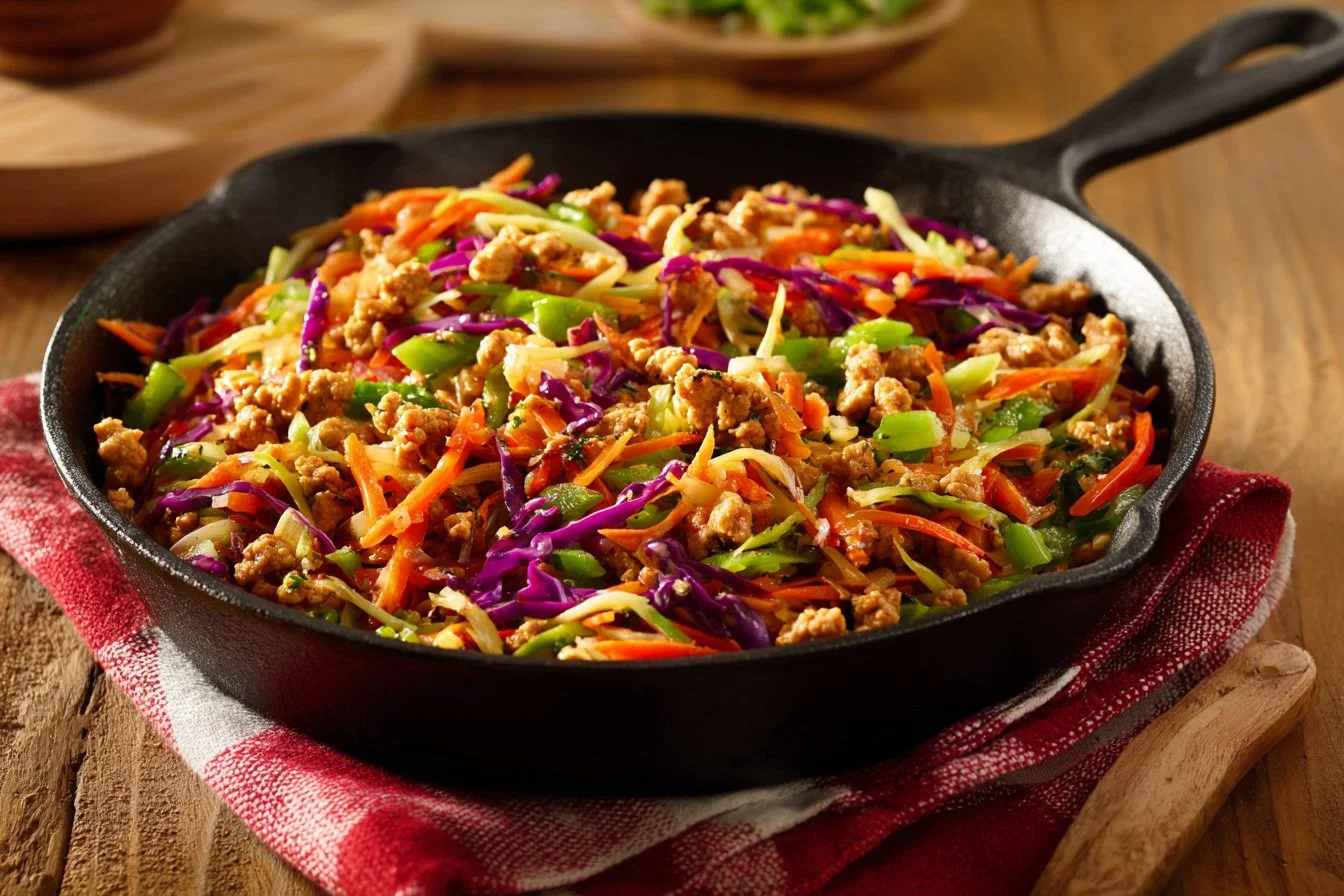 Extra Veggie Turkey Egg Roll in a Bowl with colorful vegetables and turkey.