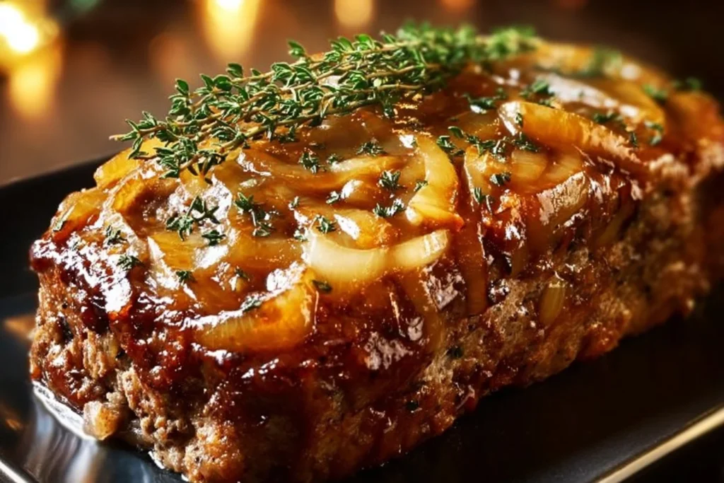 Delicious French Onion Meatloaf topped with melted cheese and caramelized onions