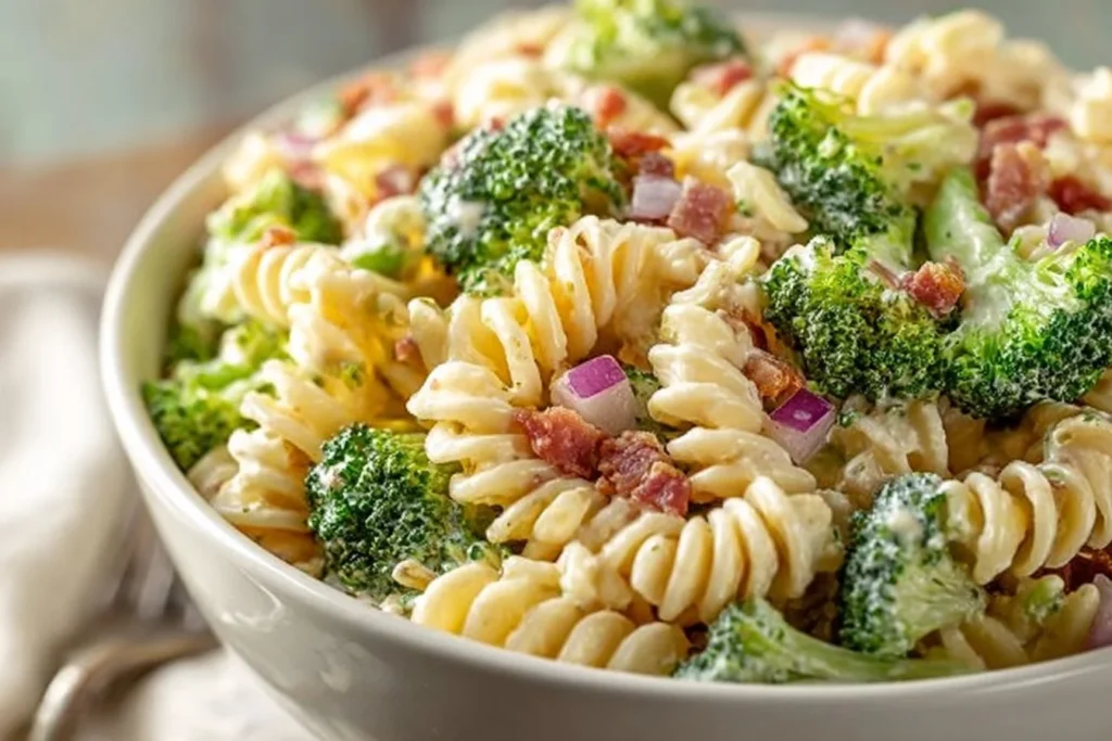 Fresh broccoli pasta salad with colorful vegetables and dressing