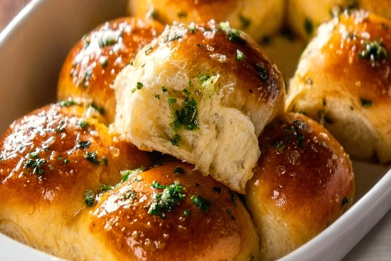 Freshly baked garlic bread rolls on a wooden serving board