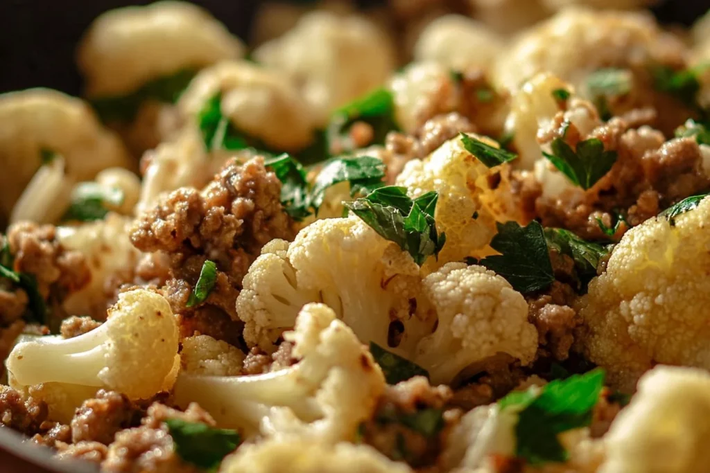 Garlic butter ground turkey with cauliflower skillet in a frying pan