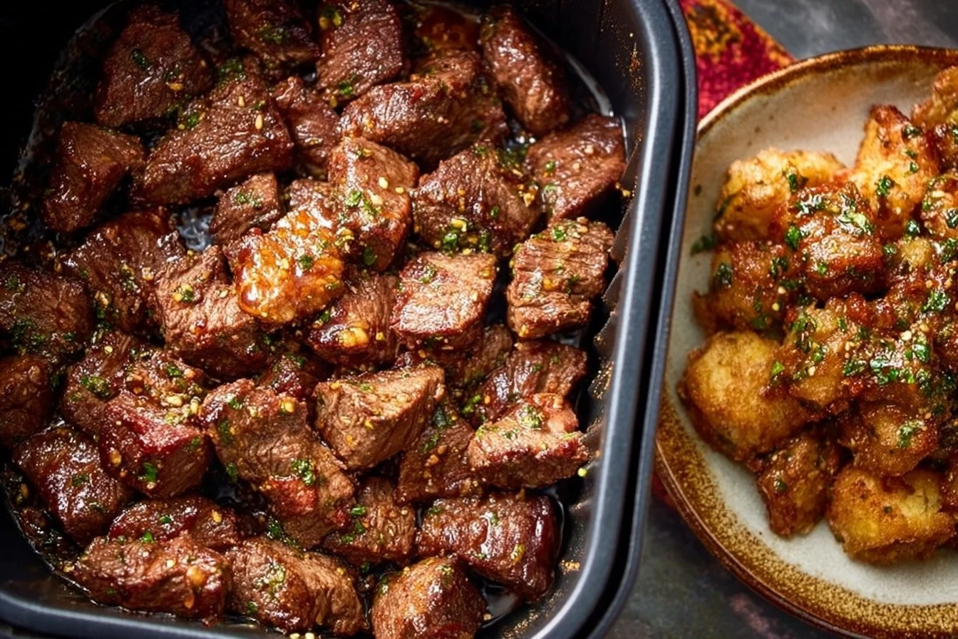 Delicious garlic butter steak bites sizzling in a pan.