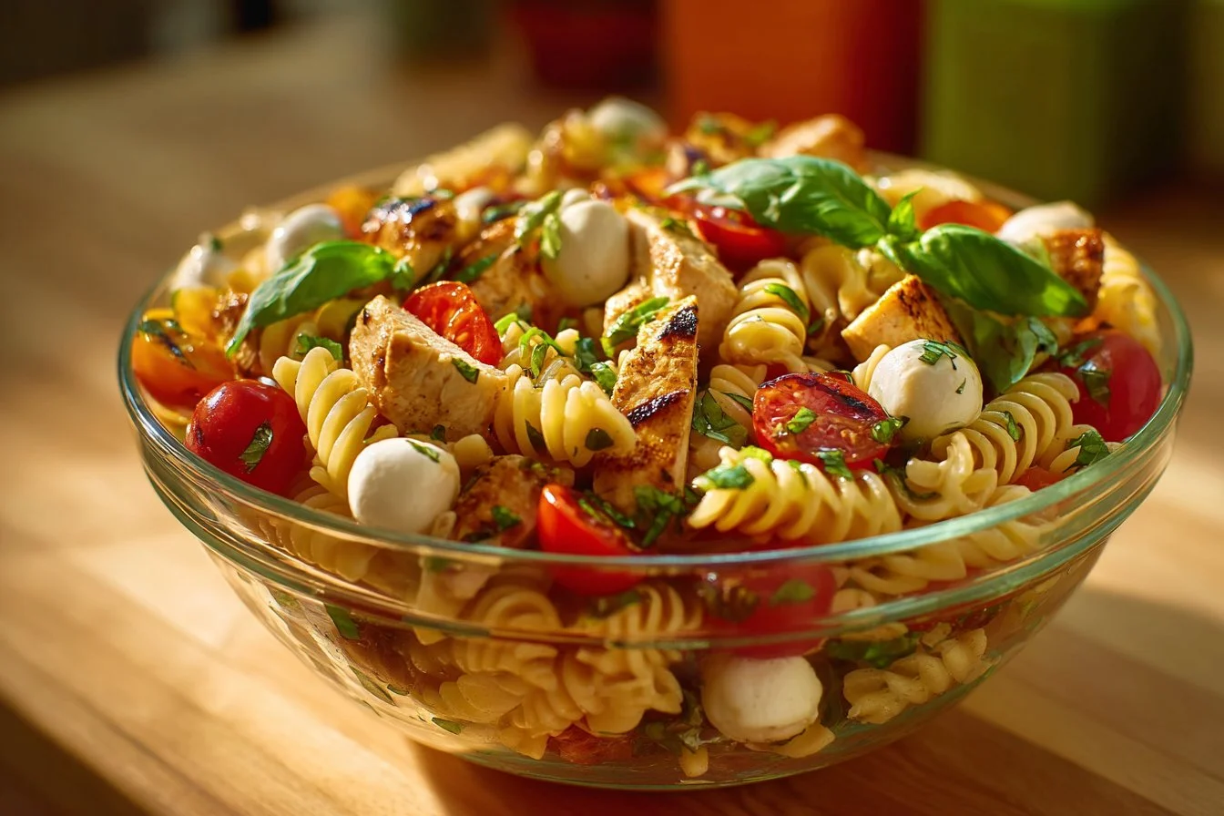 Delicious Grilled Chicken Caprese Pasta Salad with fresh ingredients