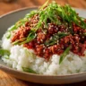Korean-style ground turkey dish served with vegetables and rice