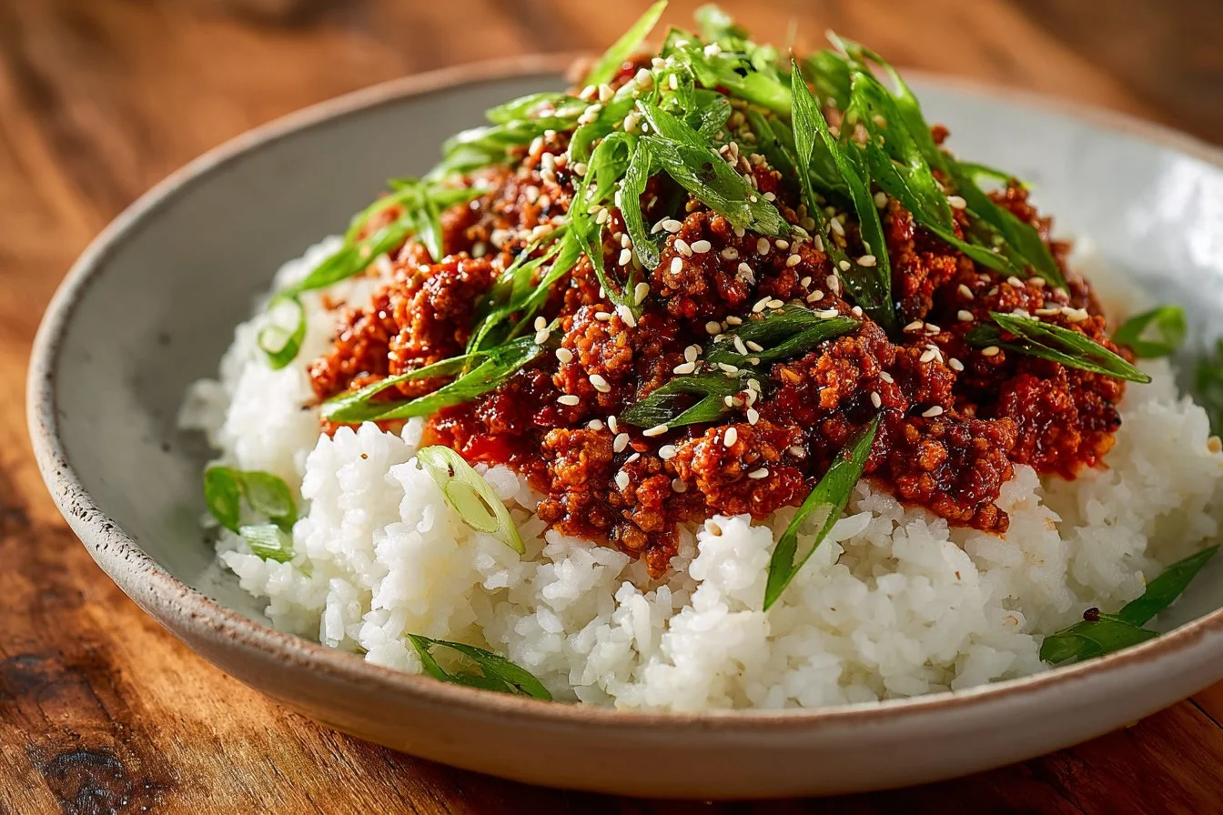 Korean-style ground turkey dish served with vegetables and rice