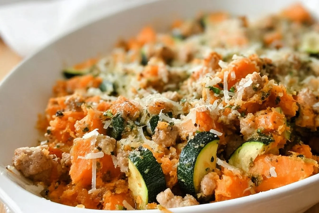 Delicious Ground Turkey Sweet Potato Bake served in a dish
