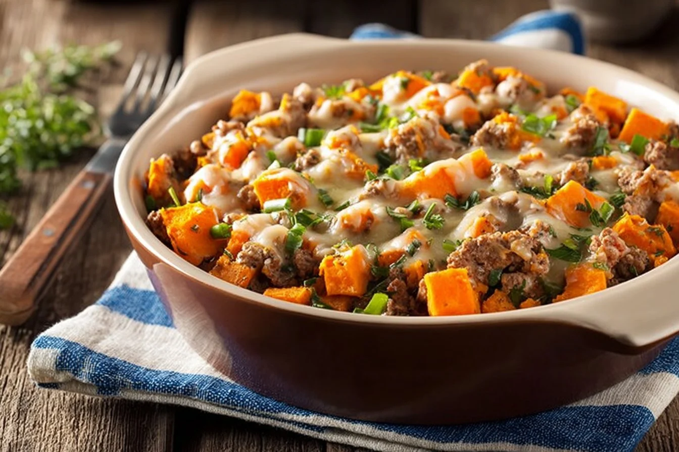Ground turkey sweet potato bake fresh out of the oven