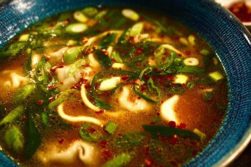 Bowl of Gyoza Soup with Japanese dumplings and green onions