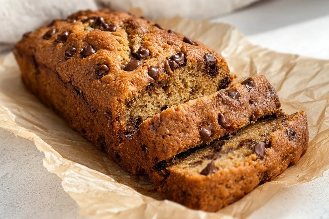 Healthier chocolate chip banana bread slice on a wooden board