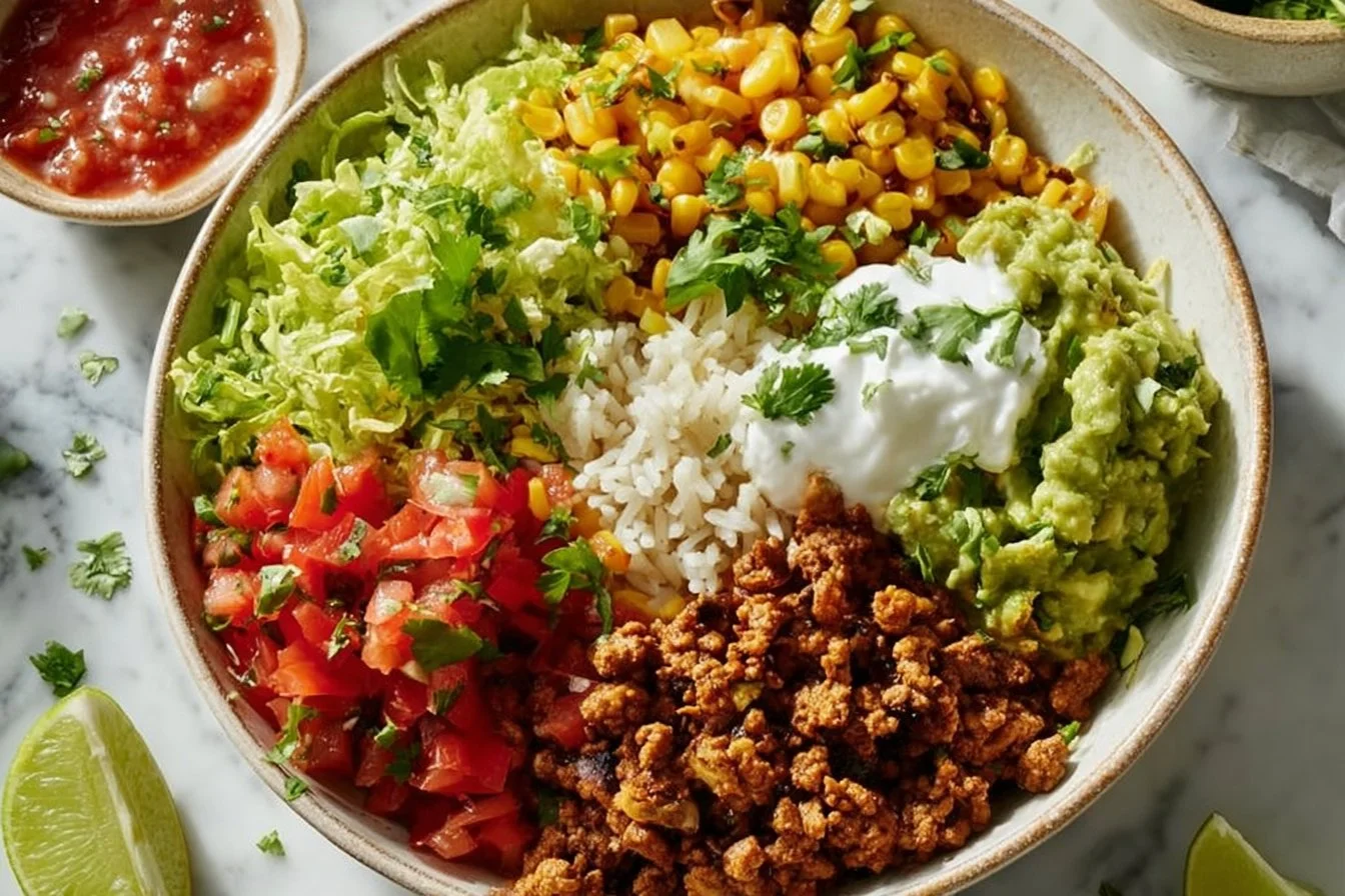 Colorful Healthy Turkey Taco Bowl with fresh vegetables and toppings