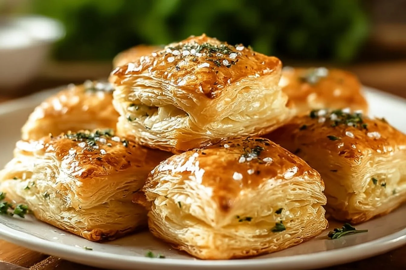 Herb and cheese stuffed puff pastry bites on a platter