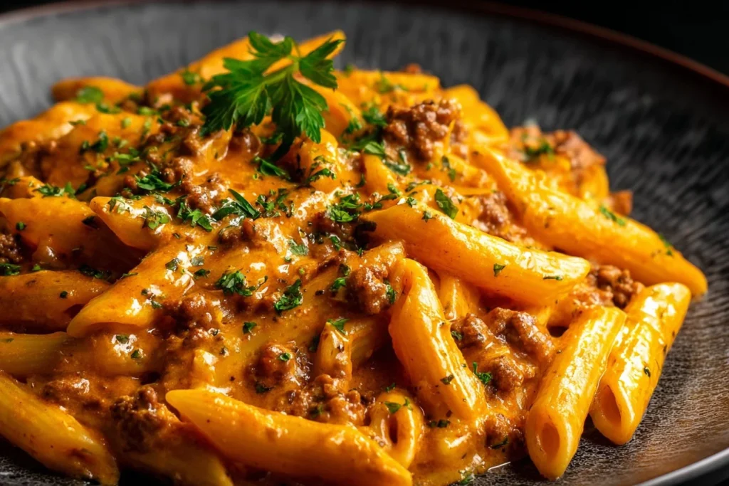 Creamy beef pasta dish served in a bowl, ideal for weeknight dinners.