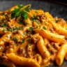 Creamy beef pasta dish served in a bowl, ideal for weeknight dinners.