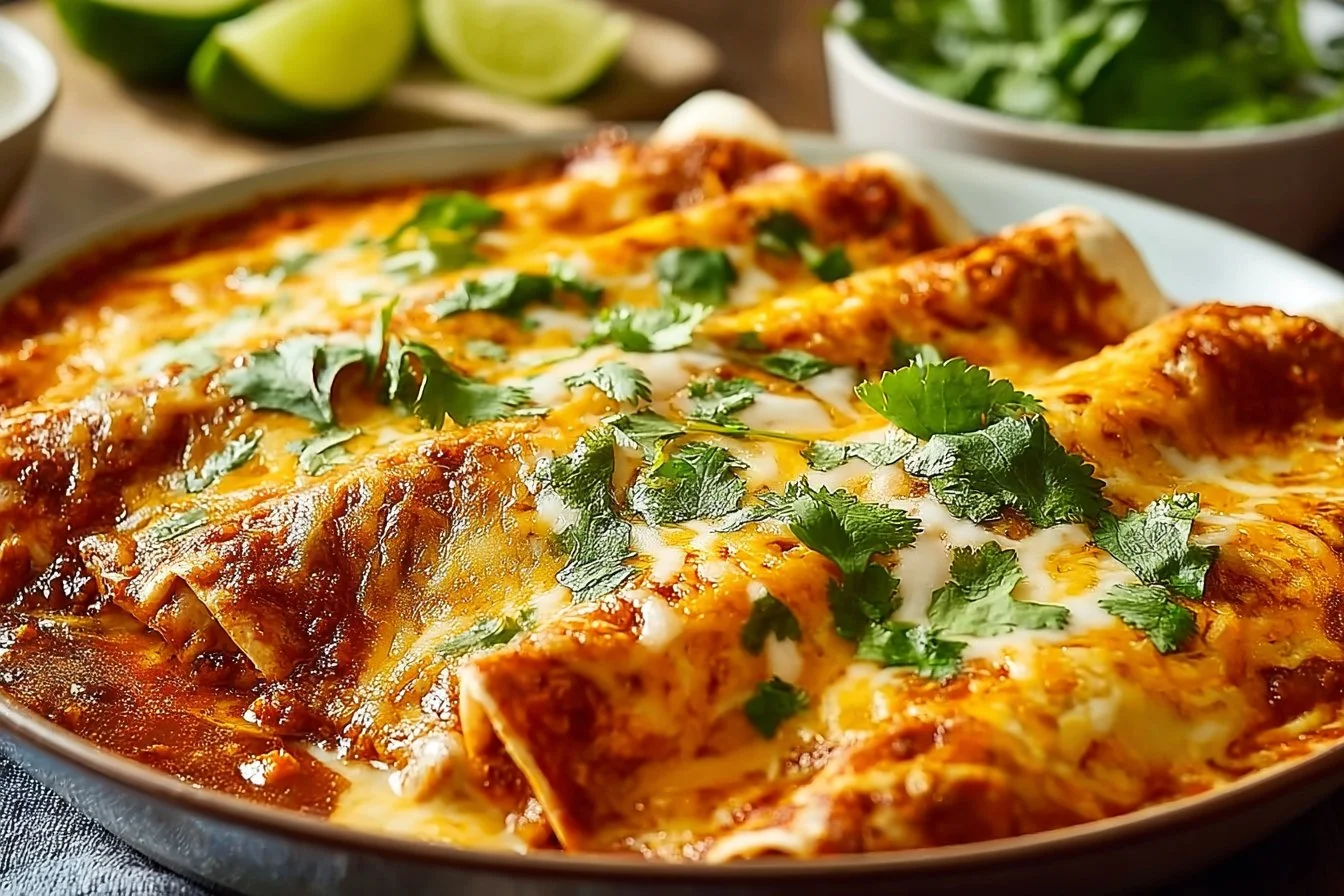 High protein creamy chilli chicken enchiladas served on a plate