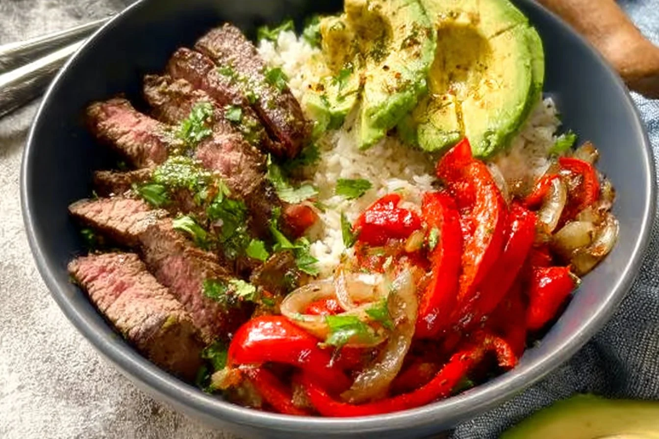 High protein steak fajita bowl with fresh vegetables and tender steak