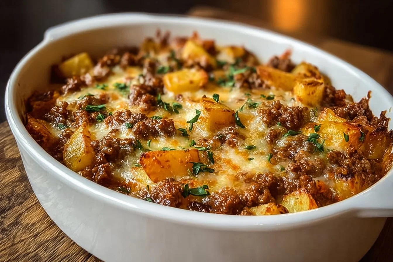 Delicious Hobo Casserole with ground beef and vegetables baked in one dish.