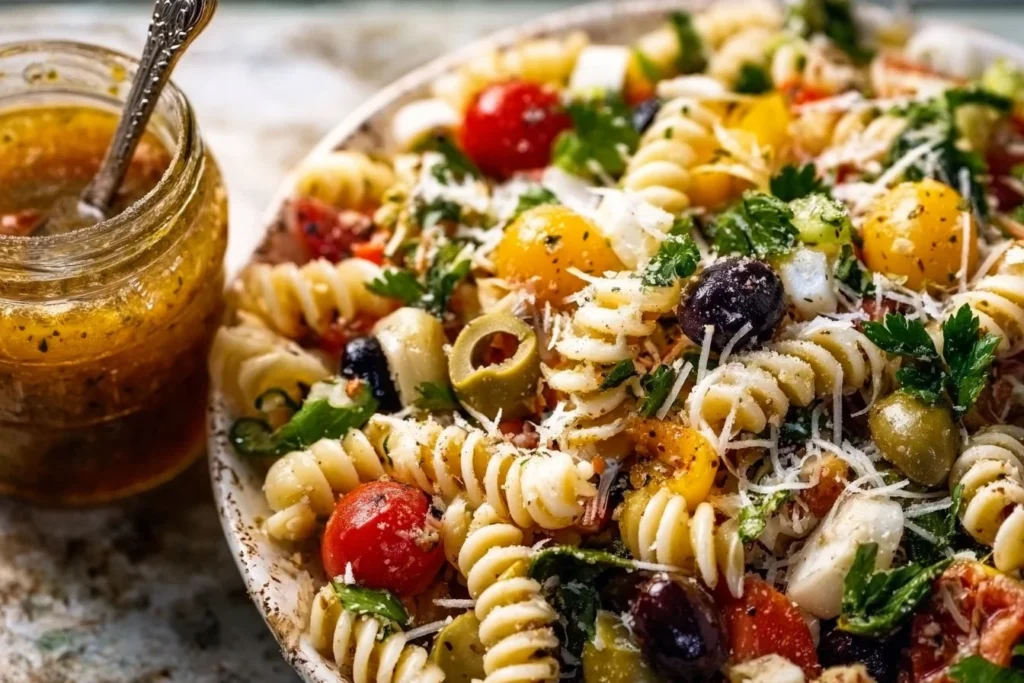 Delicious homemade zesty Italian Pasta Salad in a colorful bowl