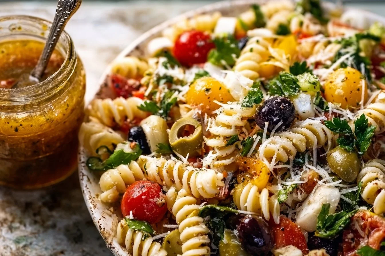 Delicious homemade zesty Italian Pasta Salad in a colorful bowl