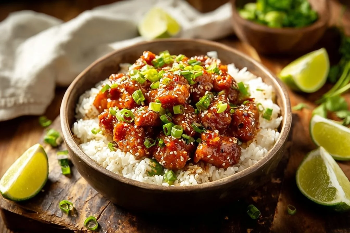 Plate of Honey Garlic Ground Turkey served with vegetables