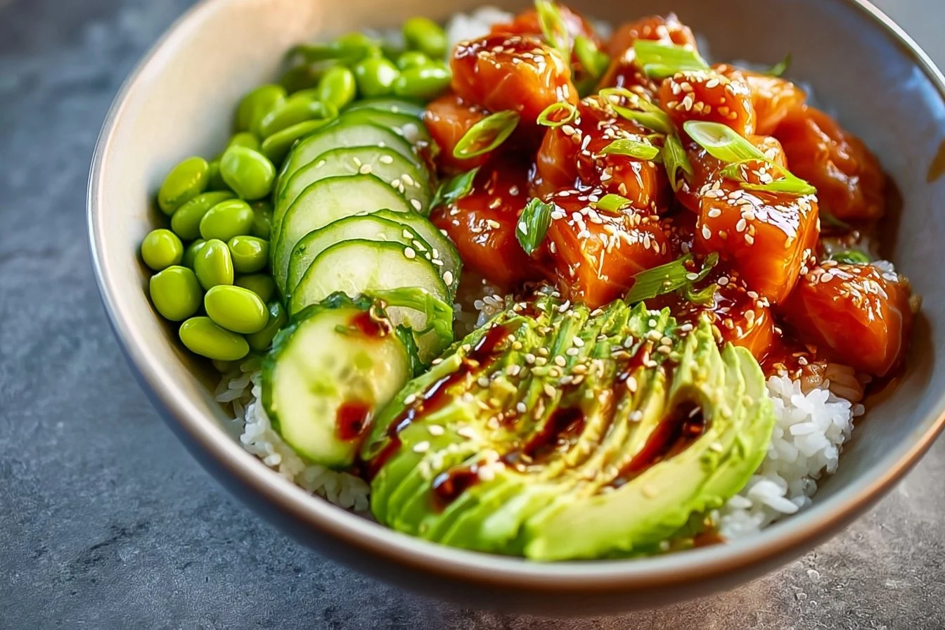 Honey Sriracha Salmon Bowl with colorful vegetables and rice