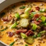 Warm and inviting bowl of Keto Cheeseburger Soup topped with cheese and herbs.