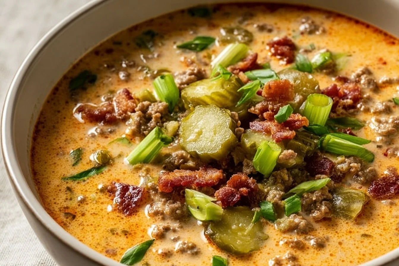 Warm and inviting bowl of Keto Cheeseburger Soup topped with cheese and herbs.