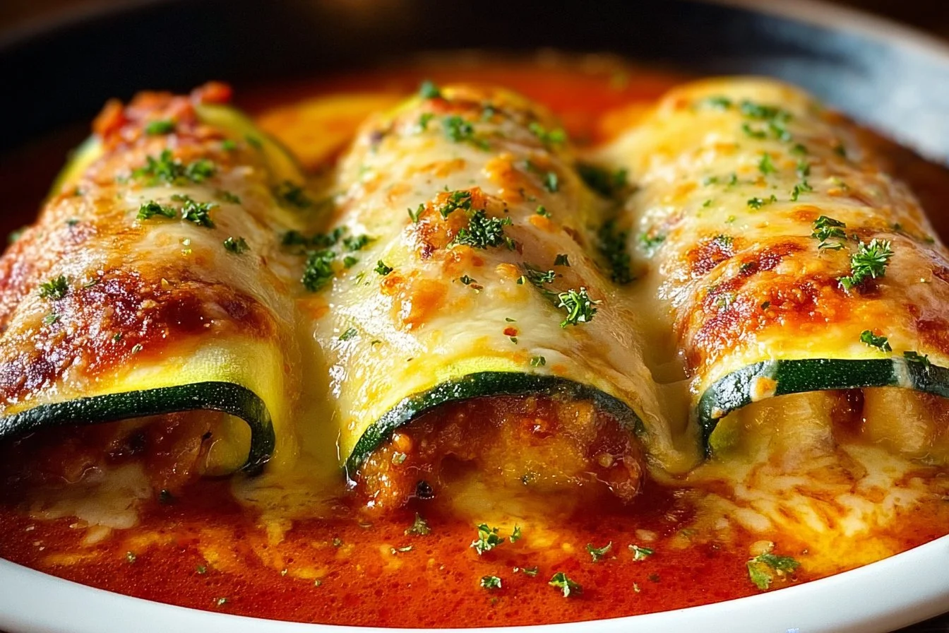 Keto Chicken Parmesan Zucchini Boats topped with melted cheese and herbs.