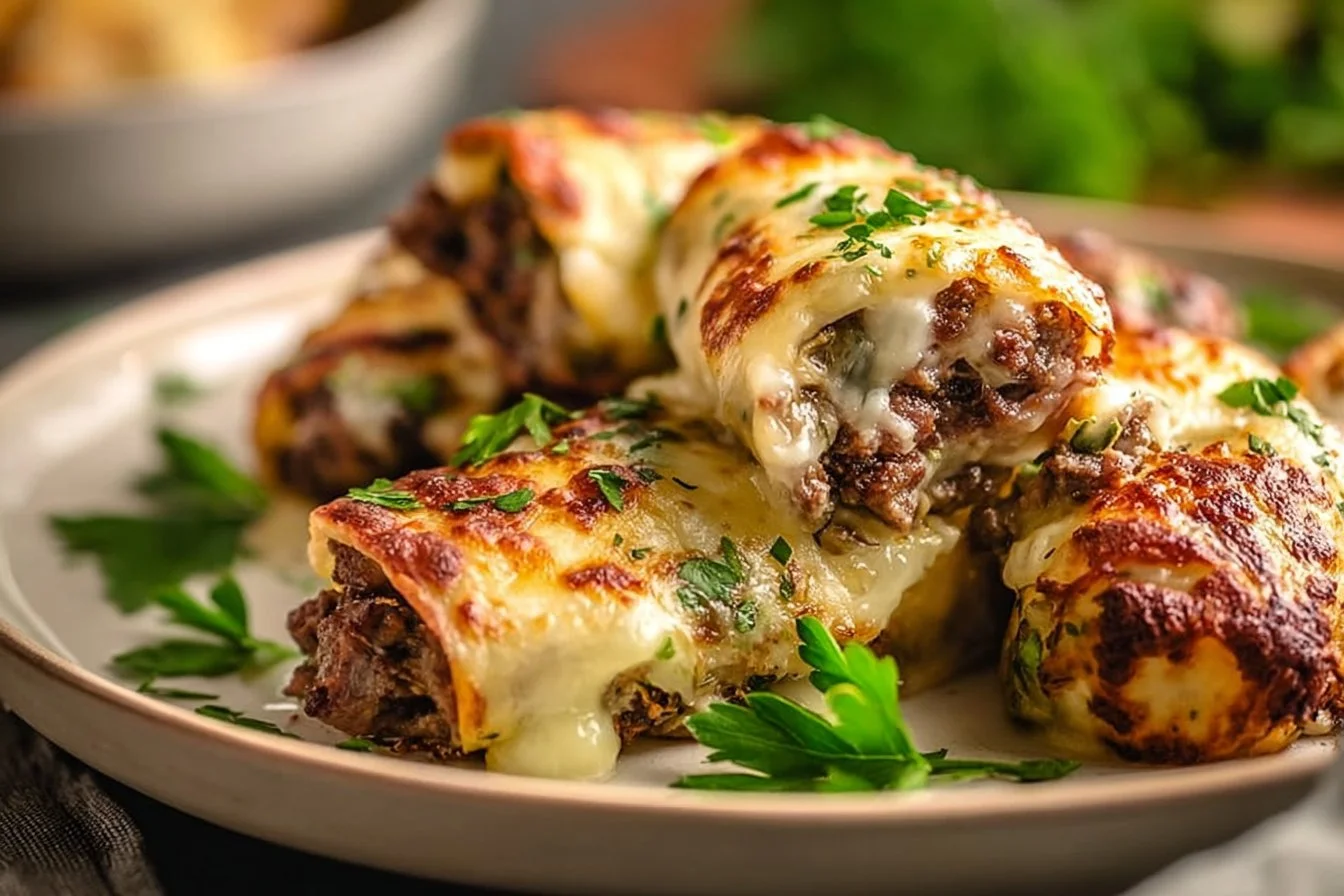 Delicious Keto Philly Cheesesteak Rolls on a plate
