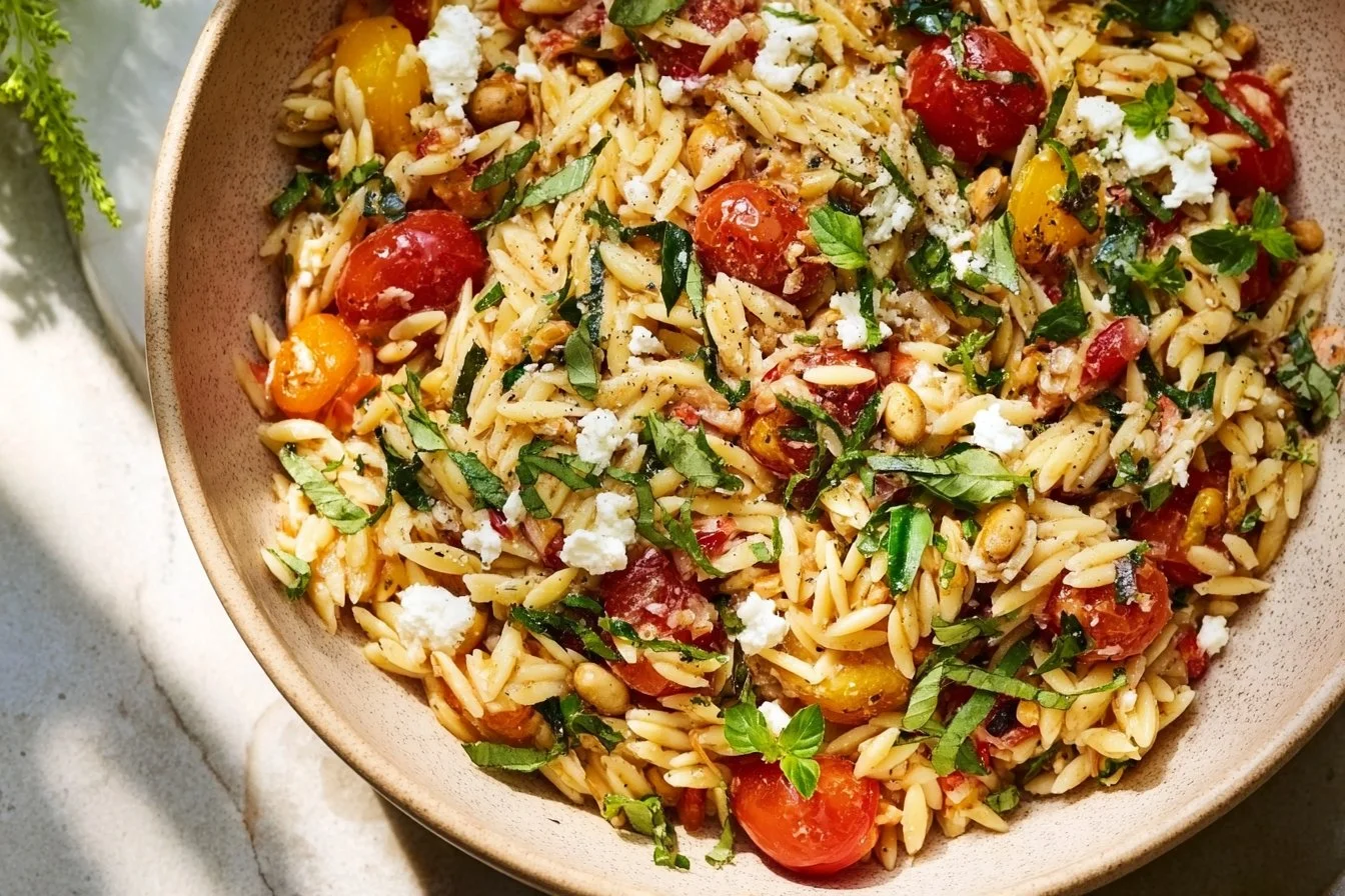 A vibrant bowl of Lemon Basil Pasta Salad with fresh ingredients and herbs.