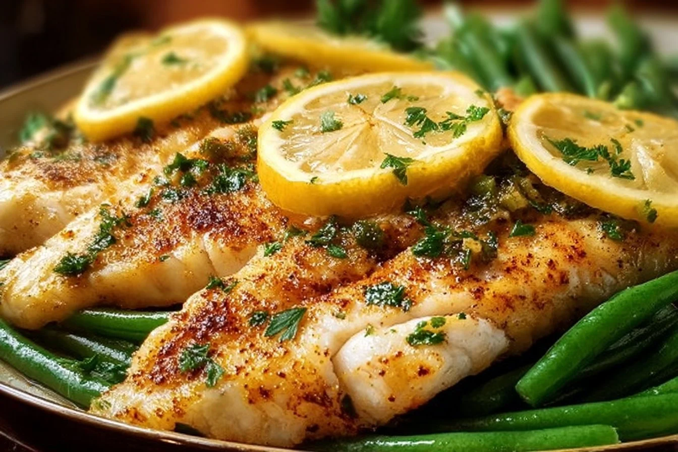 Lemon Garlic Tilapia served with vibrant green beans on a plate