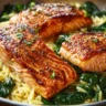 Plate of Mediterranean Salmon served with lemon orzo garnished with herbs.
