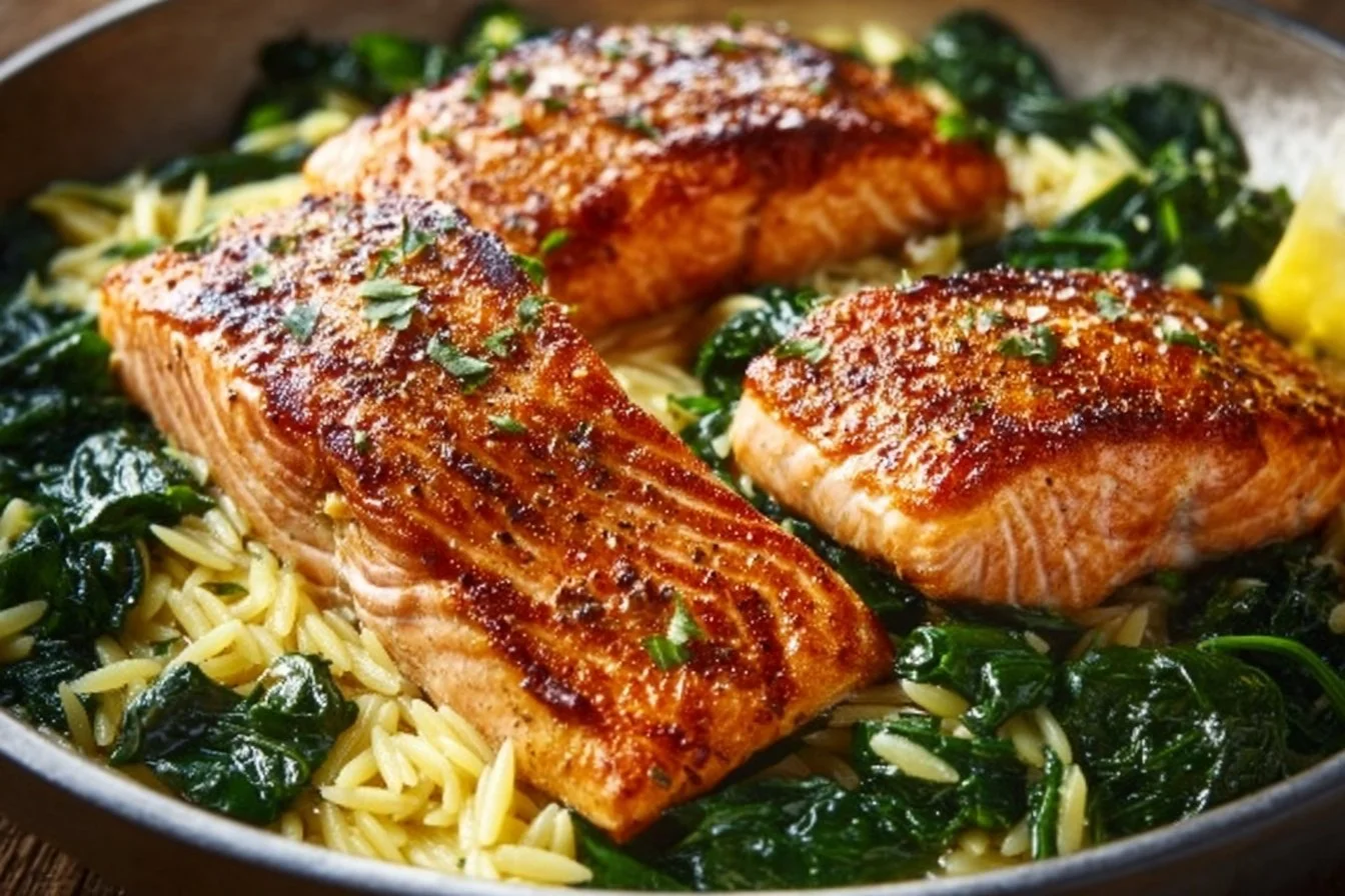 Plate of Mediterranean Salmon served with lemon orzo garnished with herbs.