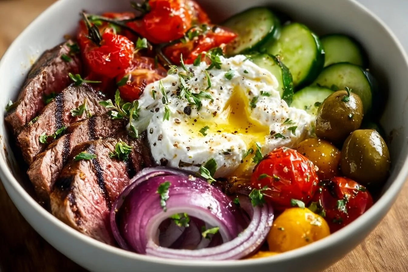 Mediterranean steak bowl topped with fresh vegetables and herbs