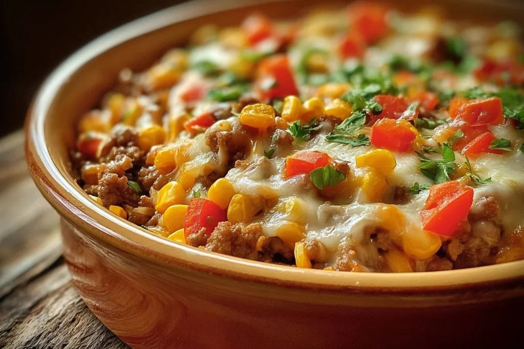 Delicious Mexican White Trash Casserole topped with cheese and spices