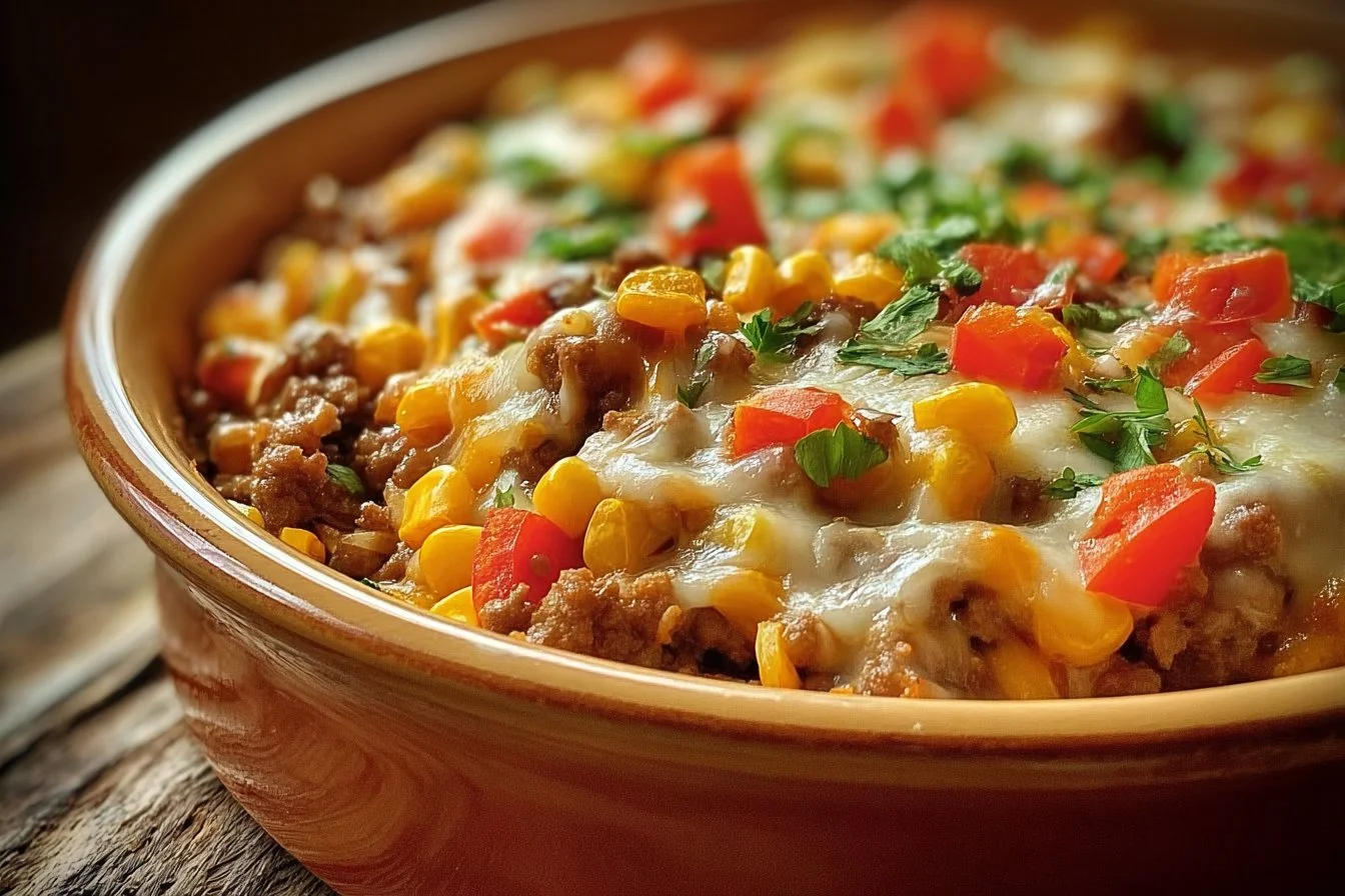 Delicious Mexican White Trash Casserole topped with cheese and spices