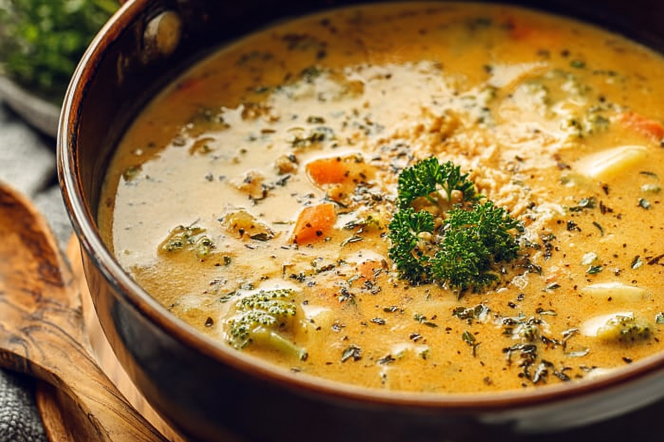 Bowl of creamy vegetable soup with fresh vegetables and herbs
