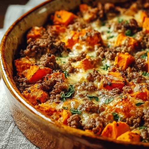 Ground turkey sweet potato bake served in a dish with herbs on top