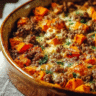 Ground turkey sweet potato bake served in a dish with herbs on top